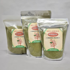 Bellamora moringa teacut leaf powder with a white background