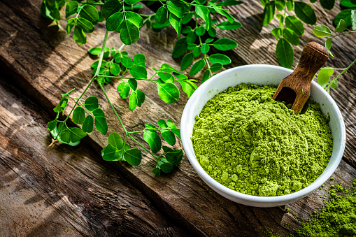 Moringa Oleifera (drumstick) leave powder in a bowl with drumstick leaves in the background.