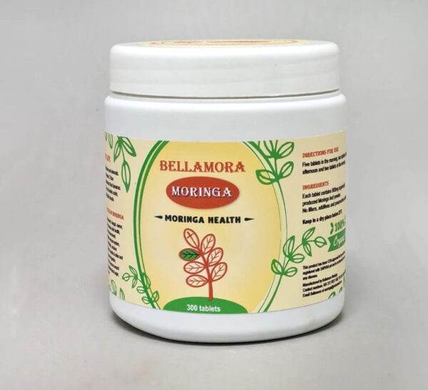Bellamora moringa tablets (300) with a white background.